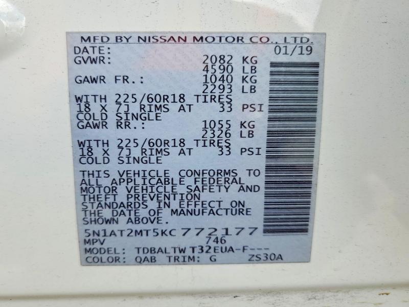 54022496 :رقم المزاد ، 5N1AT2MT5KC772177 vin ، 2019 Nissan Rogue مزاد بيع
