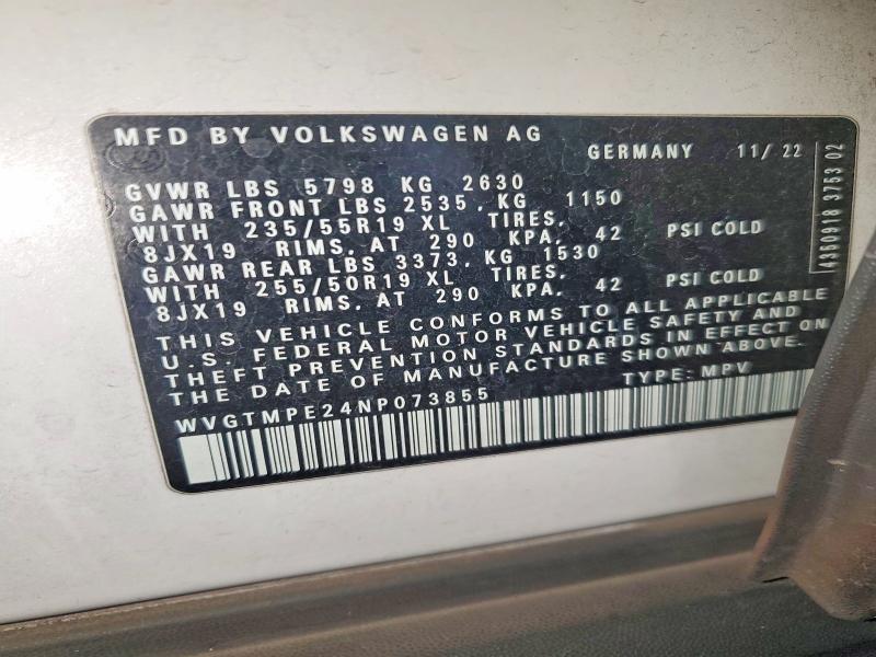 2022 Volkswagen Id.4 მანქანა იყიდება აუქციონზე, vin: WVGTMPE24NP073855, აუქციონის ნომერი: 51929566