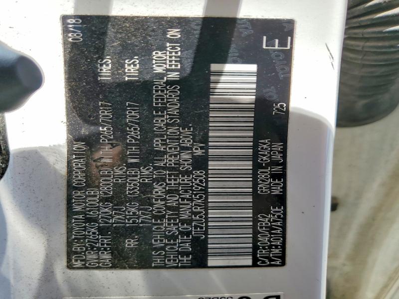 2019 Toyota 4runner მანქანა იყიდება აუქციონზე, vin: JTEZU5JR7K5192508, აუქციონის ნომერი: 53554946