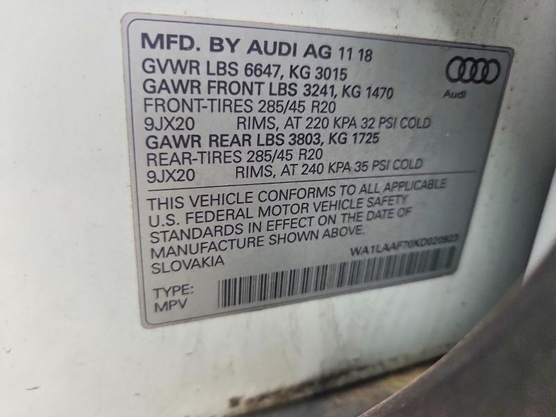 52510496 :رقم المزاد ، WA1LAAF70KD020923 vin ، 2019 Audi Q7 مزاد بيع