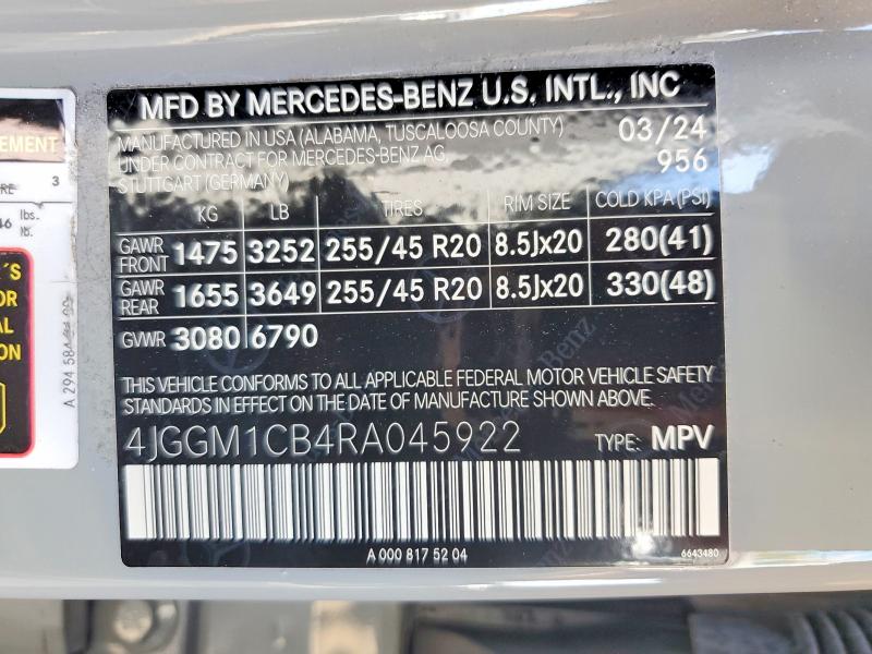 53943426 :رقم المزاد ، 4JGGM1CB4RA045922 vin ، 2024 Mercedes-benz Eqe Suv مزاد بيع