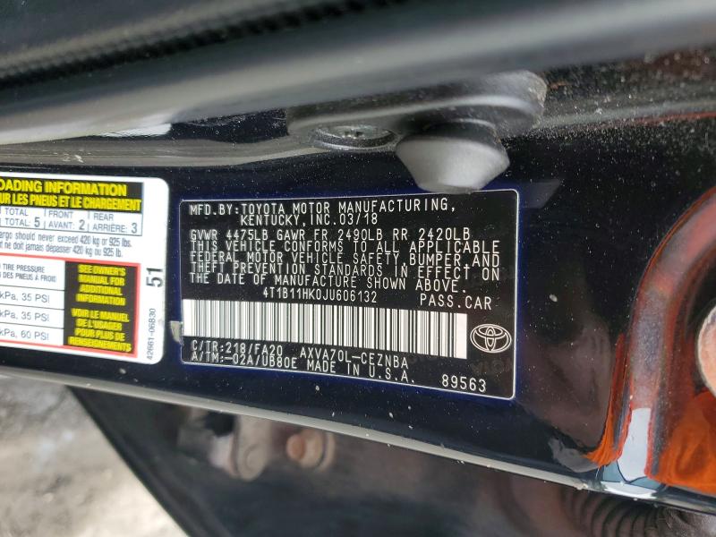 2018 Toyota Camry მანქანა იყიდება აუქციონზე, vin: 4T1B11HK0JU606132, აუქციონის ნომერი: 54780466