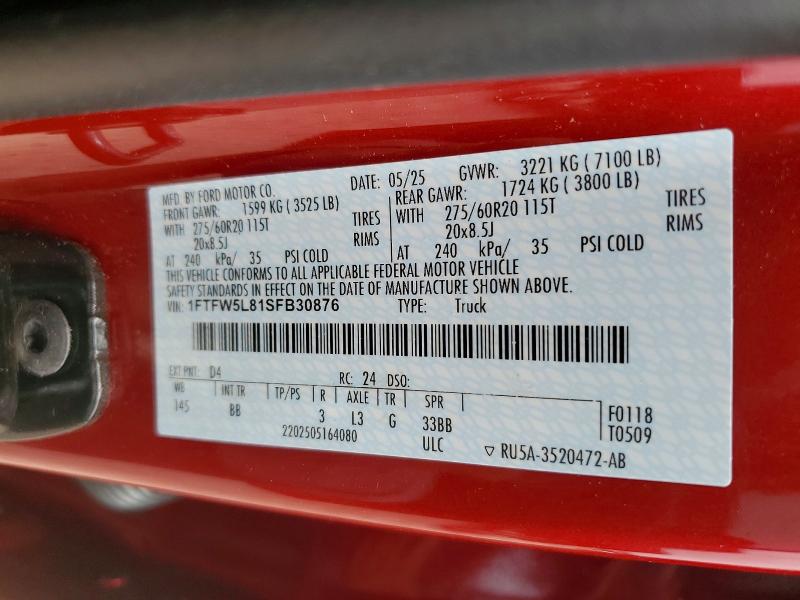 Aukcja sprzedaży 2025 Ford F150, vin: 1FTFW5L81SFB30876, numer aukcji: 52880706