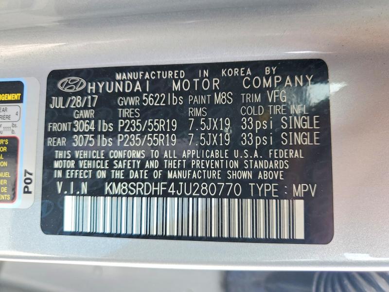 Продаж на аукціоні авто 2018 Hyundai Santa Fe, vin: KM8SRDHF4JU280770, номер лоту: 53667766
