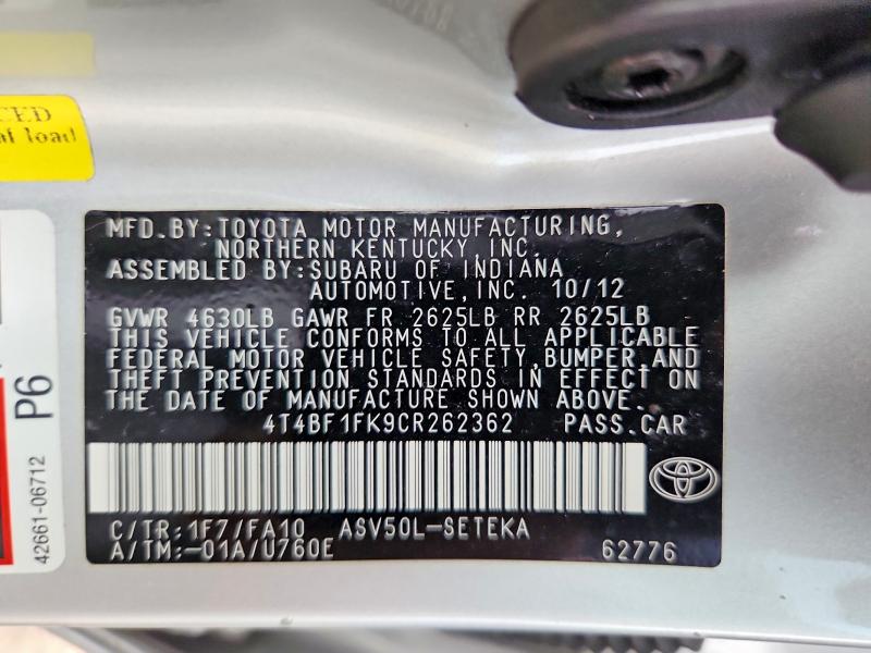 53296226 :رقم المزاد ، 4T4BF1FK9CR262362 vin ، 2012 Toyota Camry مزاد بيع