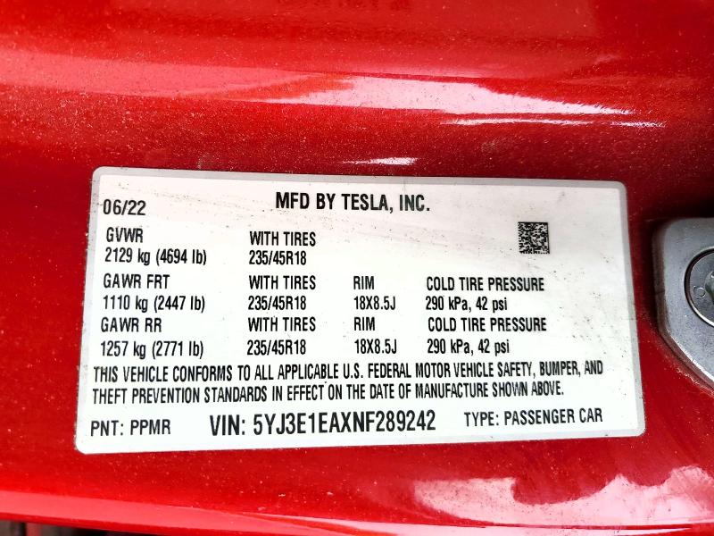Продаж на аукціоні авто 2022 Tesla Model 3, vin: 5YJ3E1EAXNF289242, номер лоту: 52775626