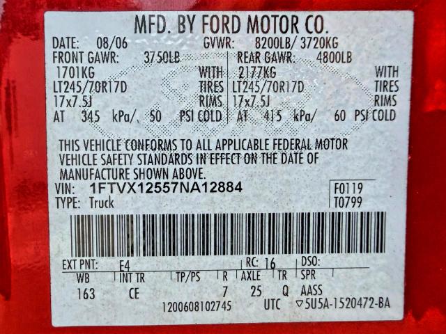 Продаж на аукціоні авто 2007 Ford F150, vin: 1FTVX12557NA12884, номер лоту: 54844316