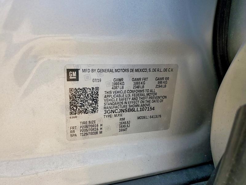 Продаж на аукціоні авто 2020 Chevrolet Trax, vin: 3GNCJNSB6LL107154, номер лоту: 53423756
