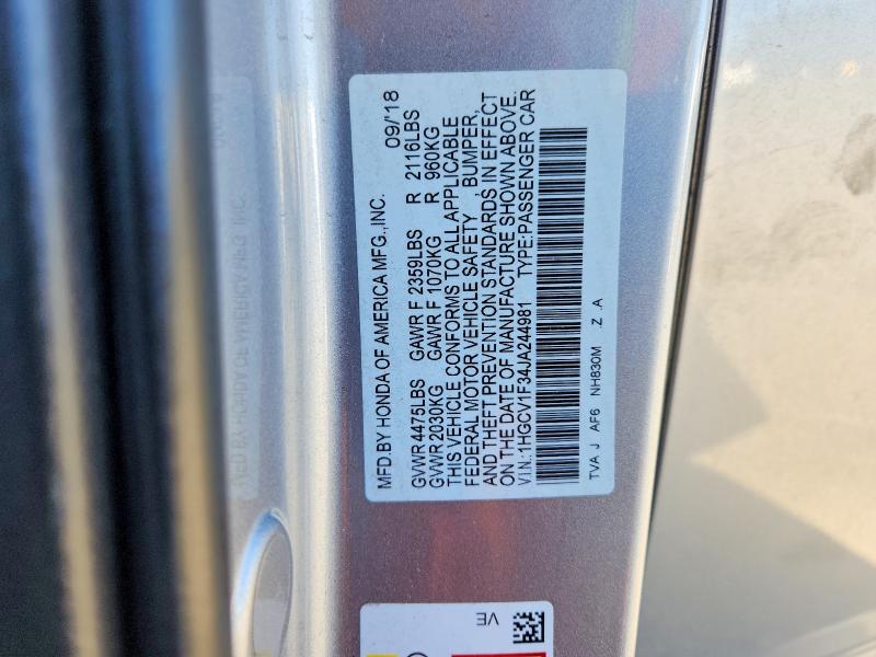 53943256 :رقم المزاد ، 1HGCV1F34JA244981 vin ، 2018 Honda Accord مزاد بيع