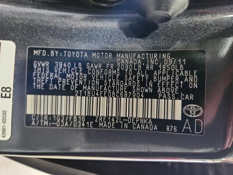 Aukcja sprzedaży 2011 Toyota Corolla, vin: 2T1BU4EE0BC687904, numer aukcji: 54818286