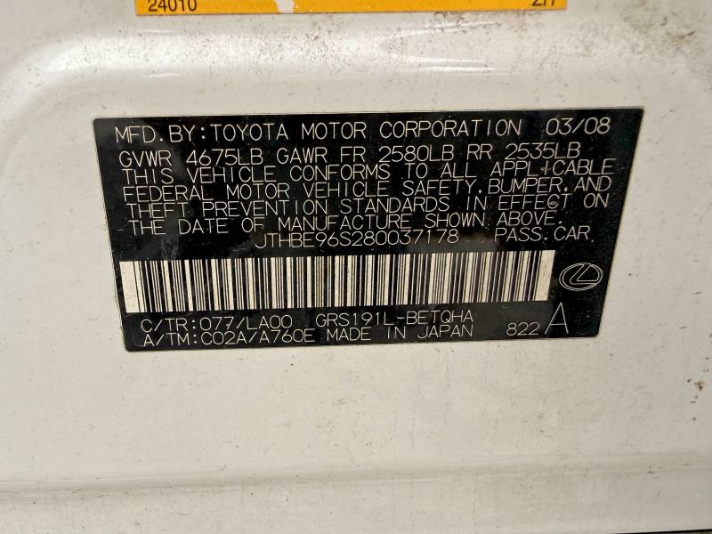 53908826 :رقم المزاد ، JTHBE96S280037178 vin ، 2008 Lexus Gs مزاد بيع