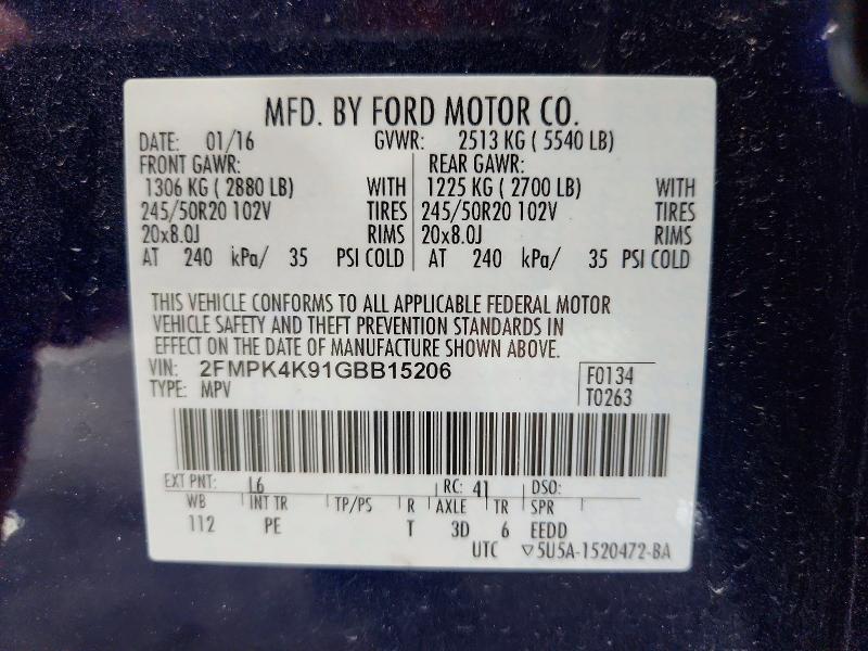 2016 Ford Edge მანქანა იყიდება აუქციონზე, vin: 2FMPK4K91GBB15206, აუქციონის ნომერი: 52929486