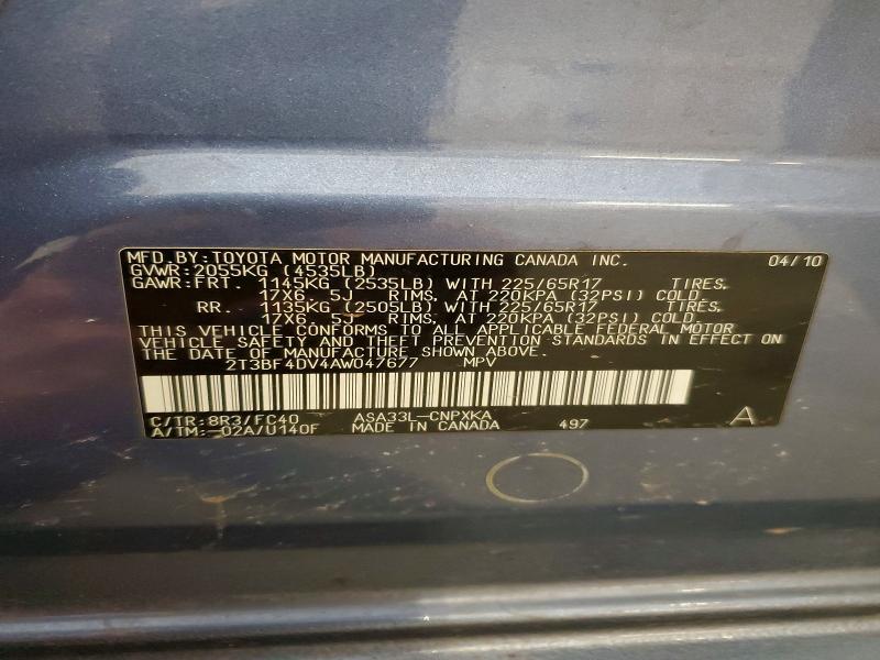 52090416 :رقم المزاد ، 2T3BF4DV4AW047677 vin ، 2010 Toyota Rav4 مزاد بيع