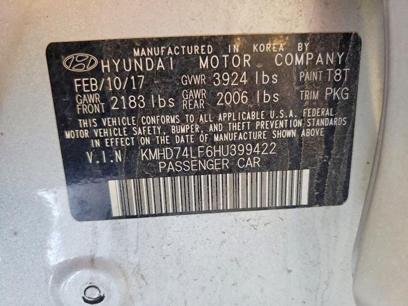2017 Hyundai Elantra მანქანა იყიდება აუქციონზე, vin: KMHD74LF6HU399422, აუქციონის ნომერი: 55304616
