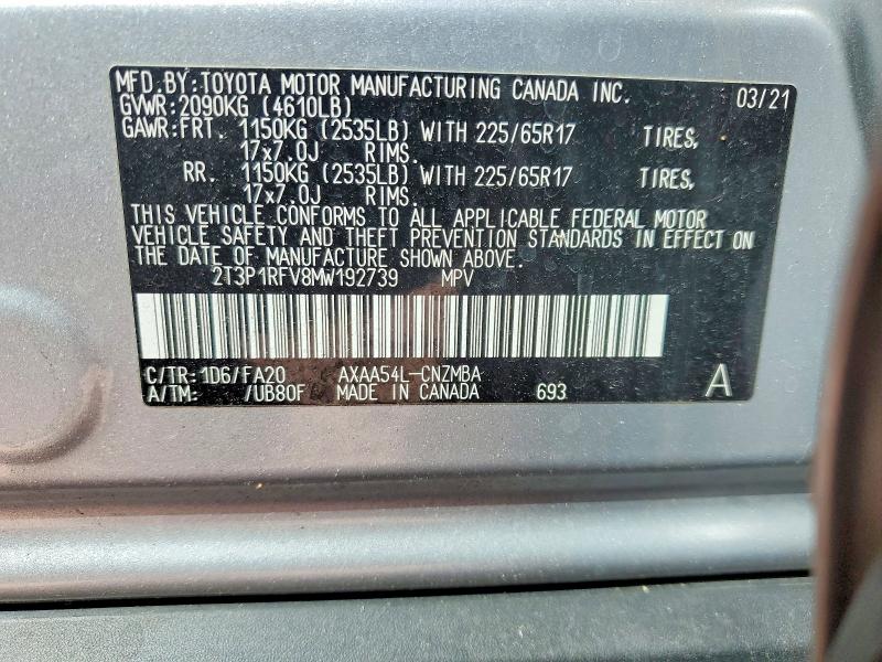 55208116 :رقم المزاد ، 2T3P1RFV8MW192739 vin ، 2021 Toyota Rav4 مزاد بيع