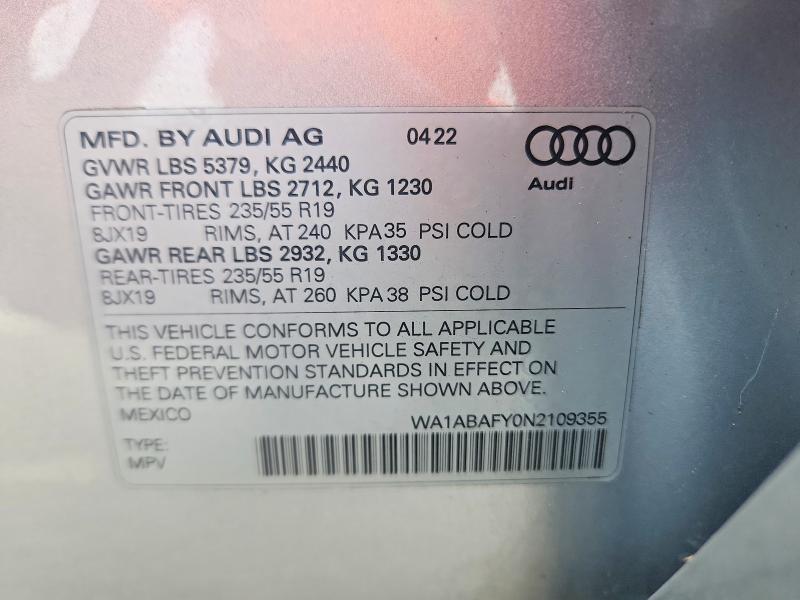 Aukcja sprzedaży 2022 Audi Q5, vin: WA1ABAFY0N2109355, numer aukcji: 55318956