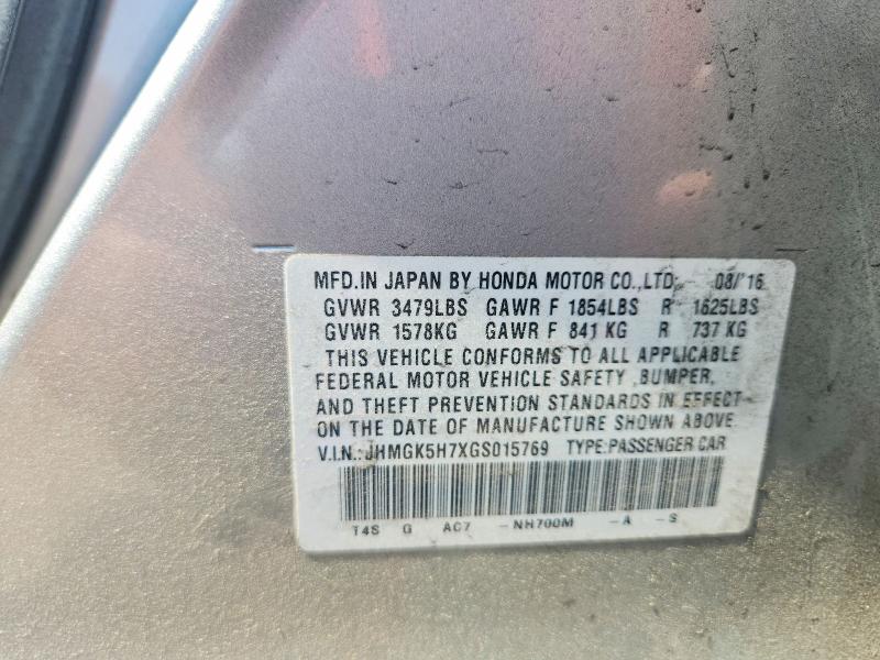 2016 Honda Fit მანქანა იყიდება აუქციონზე, vin: JHMGK5H7XGS015769, აუქციონის ნომერი: 53939606