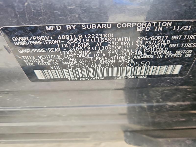 2022 Subaru Forester მანქანა იყიდება აუქციონზე, vin: JF2SKAMC8NH420550, აუქციონის ნომერი: 52353176