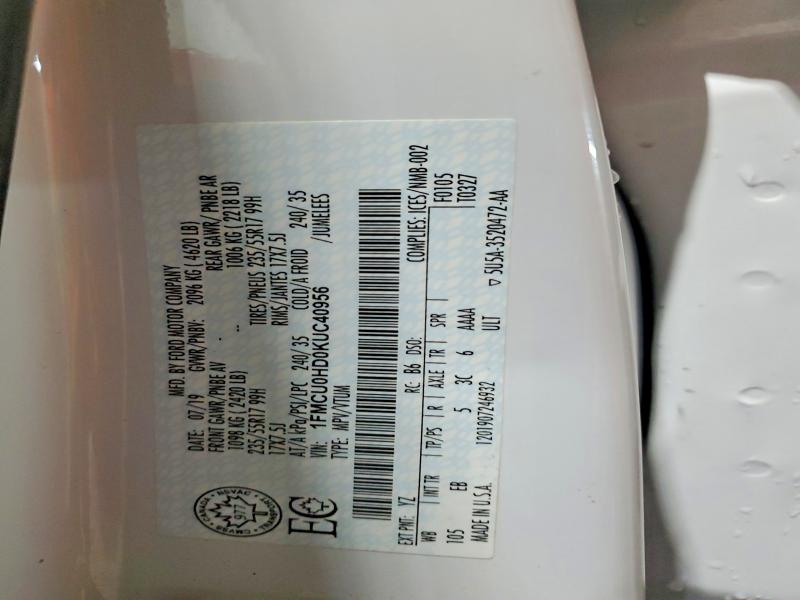 2019 Ford Escape მანქანა იყიდება აუქციონზე, vin: 1FMCU0HD0KUC40956, აუქციონის ნომერი: 53715366