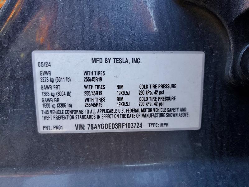 53656876 :رقم المزاد ، 7SAYGDED3RF103724 vin ، 2024 Tesla Model  Y مزاد بيع