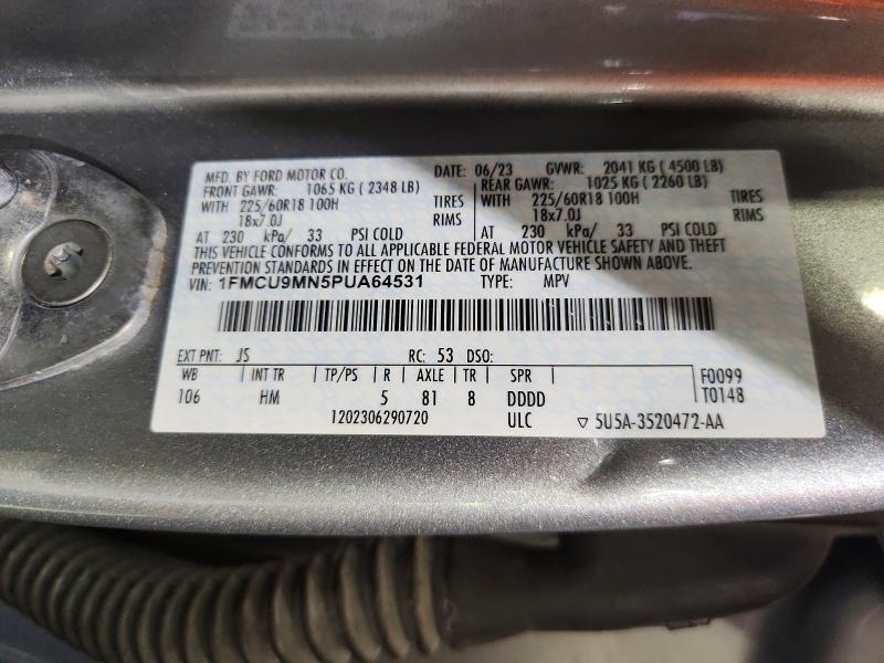 54391386 :رقم المزاد ، 1FMCU9MN5PUA64531 vin ، 2023 Ford Escape مزاد بيع