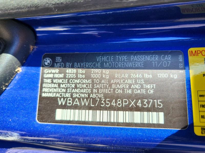Aukcja sprzedaży 2008 Bmw 335, vin: WBAWL73548PX43715, numer aukcji: 53278496