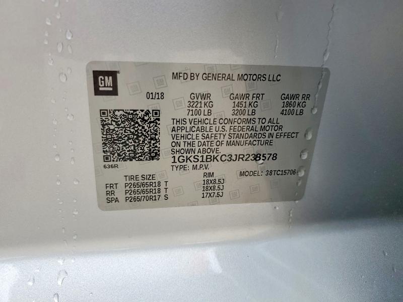 Aukcja sprzedaży 2018 Gmc Yukon, vin: 1GKS1BKC3JR238578, numer aukcji: 55153256