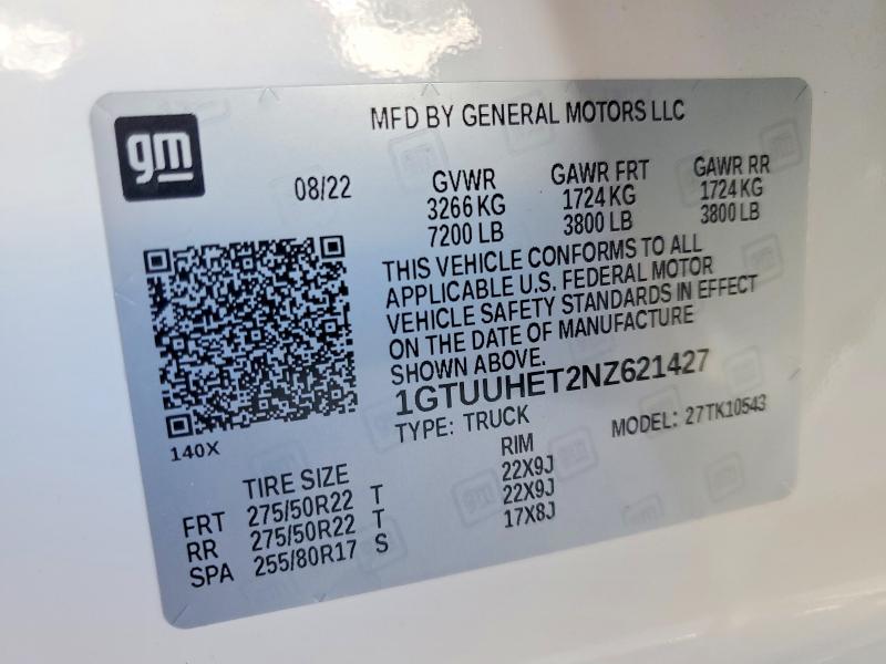 Продаж на аукціоні авто 2022 Gmc Sierra, vin: 1GTUUHET2NZ621427, номер лоту: 55522066