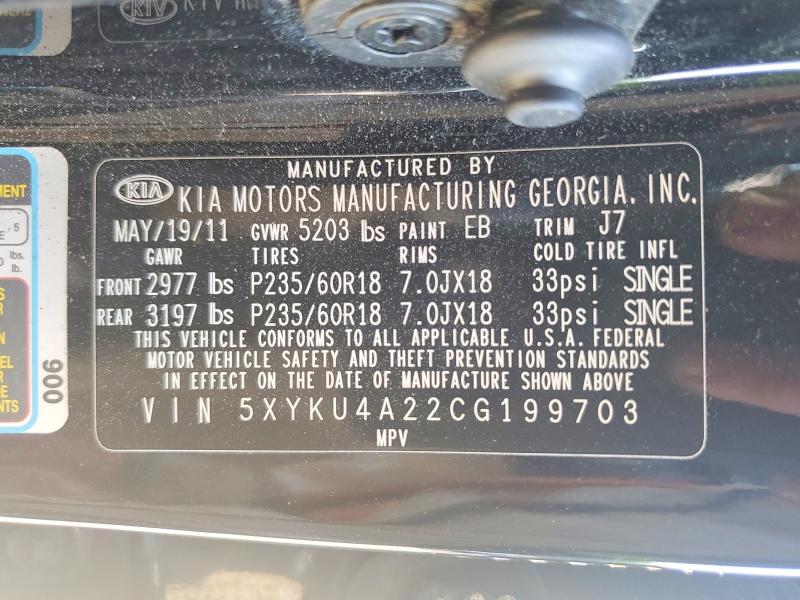 Aukcja sprzedaży 2012 Kia Sorento, vin: 5XYKU4A22CG199703, numer aukcji: 54233616