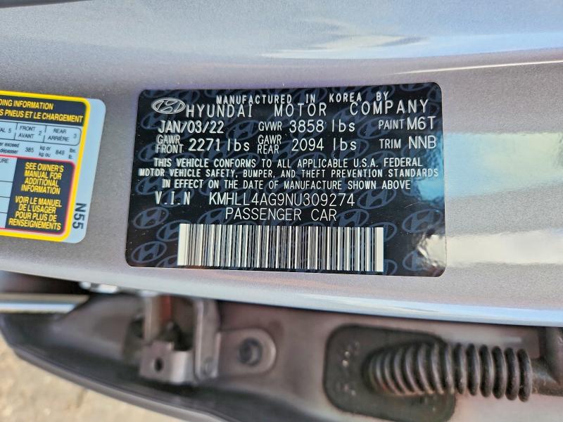 54758826 :رقم المزاد ، KMHLL4AG9NU309274 vin ، 2022 Hyundai Elantra مزاد بيع