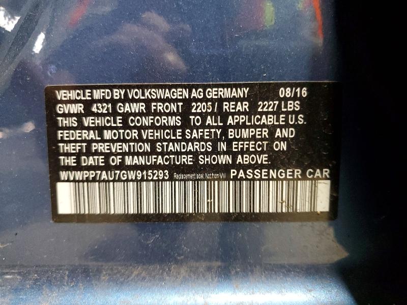 52398586 :رقم المزاد ، WVWPP7AU7GW915293 vin ، 2016 Volkswagen E-golf مزاد بيع