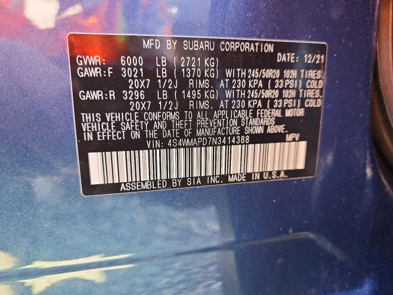 Продажа на аукционе авто 2022 Subaru Ascent, vin: 4S4WMAPD7N3414388, номер лота: 51514566