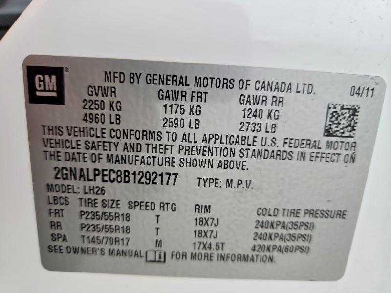 53946096 :رقم المزاد ، 2GNALPEC8B1292177 vin ، 2011 Chevrolet Equinox مزاد بيع