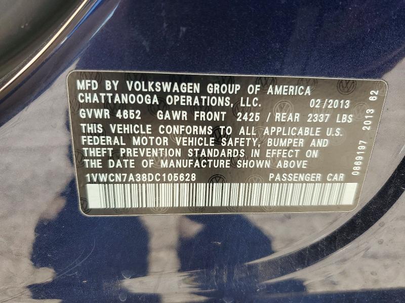 54988106 :رقم المزاد ، 1VWCN7A38DC105628 vin ، 2013 Volkswagen Passat مزاد بيع