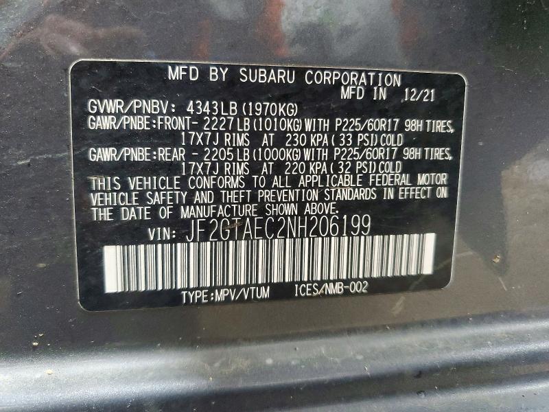 Aukcja sprzedaży 2022 Subaru Crosstrek, vin: JF2GTAEC2NH206199, numer aukcji: 54010896