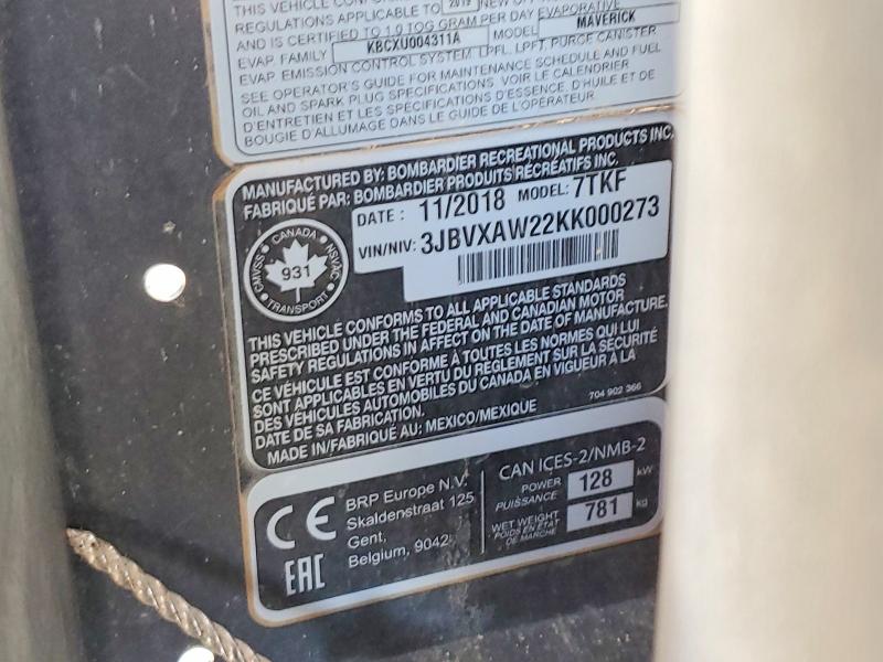 54906246 :رقم المزاد ، 3JBVXAW22KK000273 vin ، 2019 Can-am Maverick X3 مزاد بيع
