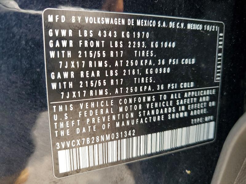 54864786 :رقم المزاد ، 3VVCX7B28NM031342 vin ، 2022 Volkswagen Taos مزاد بيع