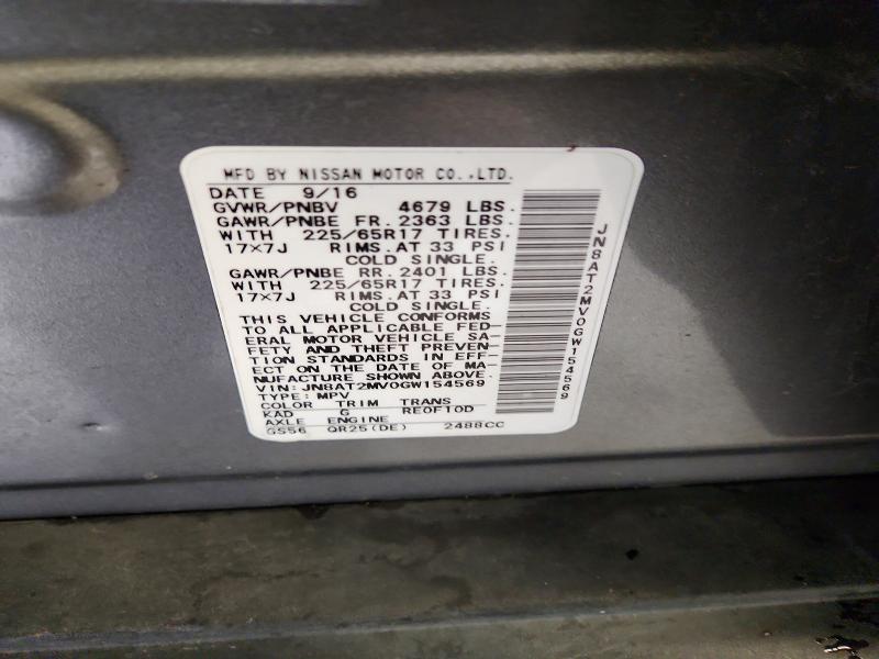 52427076 :رقم المزاد ، JN8AT2MV0GW154569 vin ، 2016 Nissan Rogue مزاد بيع