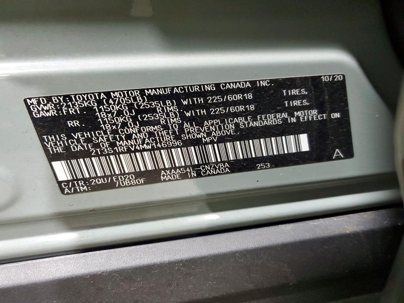 53532896 :رقم المزاد ، 2T3S1RFV4MW146996 vin ، 2021 Toyota Rav4 مزاد بيع
