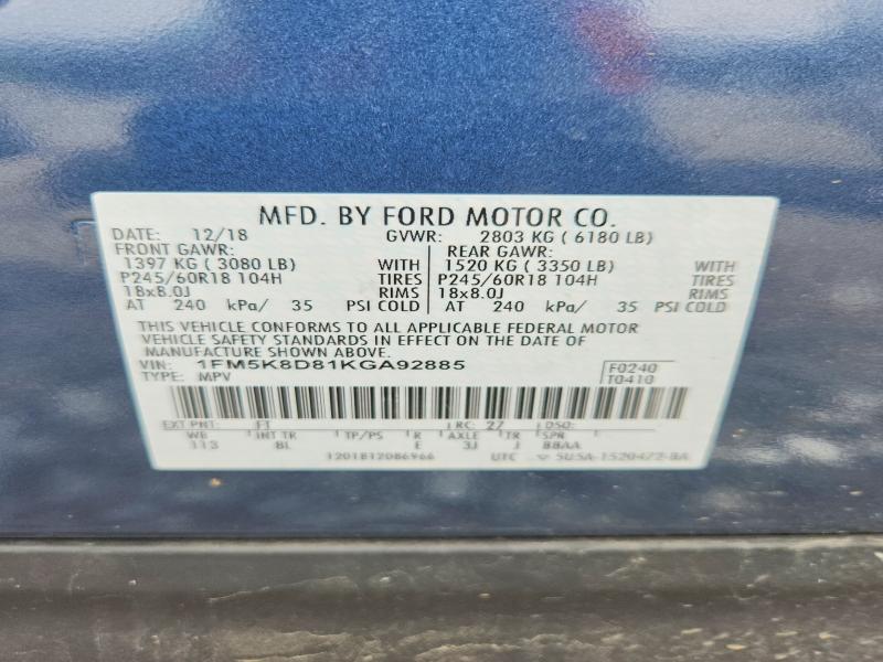 51920496 :رقم المزاد ، 1FM5K8D81KGA92885 vin ، 2019 Ford Explorer مزاد بيع