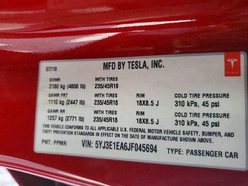 Продаж на аукціоні авто 2018 Tesla Model 3, vin: 5YJ3E1EA6JF045694, номер лоту: 53620516