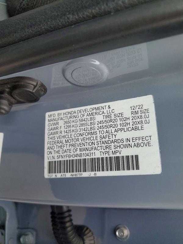 Продажа на аукционе авто 2022 Honda Pilot, vin: 5FNYF6H34NB104311, номер лота: 52221856