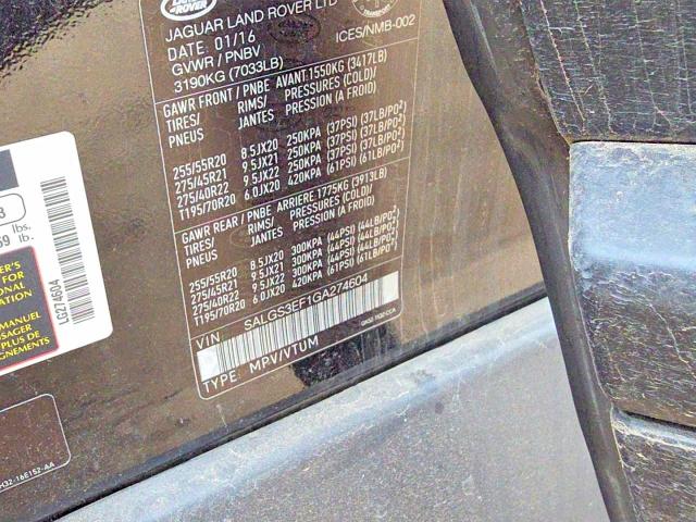 Продаж на аукціоні авто 2016 Land Rover Range Rover, vin: SALGS3EF1GA274604, номер лоту: 54196126