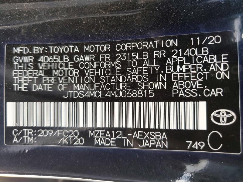 2021 Toyota Corolla მანქანა იყიდება აუქციონზე, vin: JTDS4MCE4MJ068815, აუქციონის ნომერი: 53301996