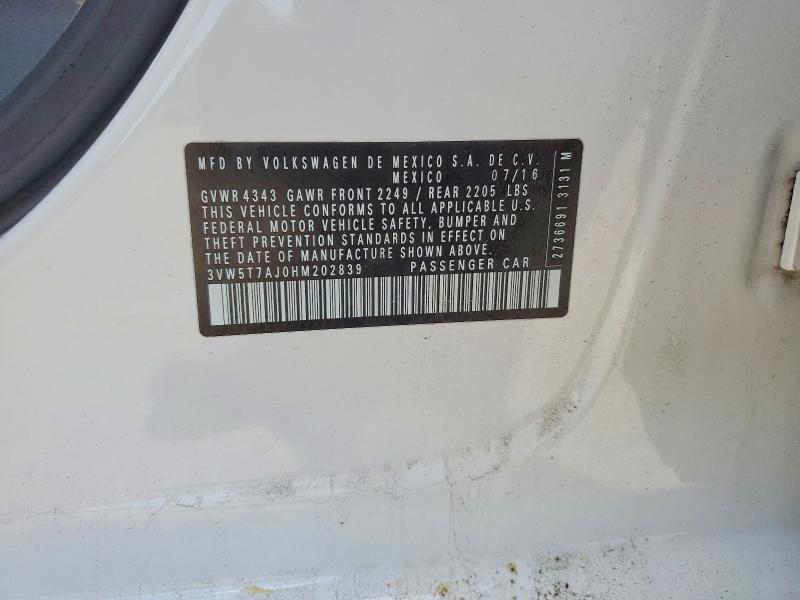 Продажа на аукционе авто 2017 Volkswagen Jetta, vin: 3VW5T7AJ0HM202839, номер лота: 54356956