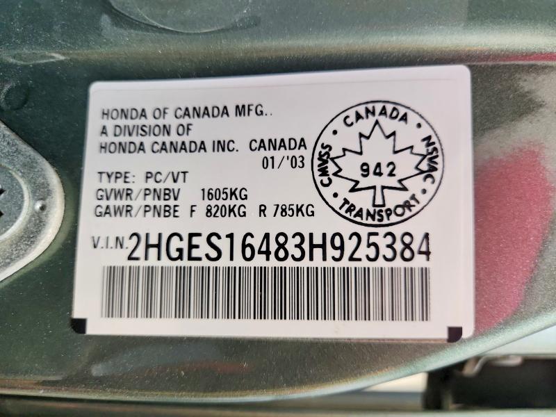 53403446 :رقم المزاد ، 2HGES16483H925384 vin ، 2003 Honda Civic مزاد بيع