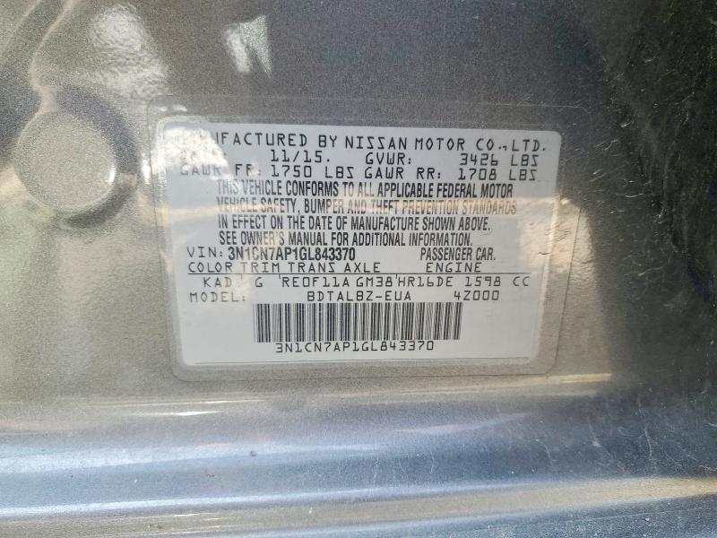 Продаж на аукціоні авто 2016 Nissan Versa, vin: 3N1CN7AP1GL843370, номер лоту: 53583596