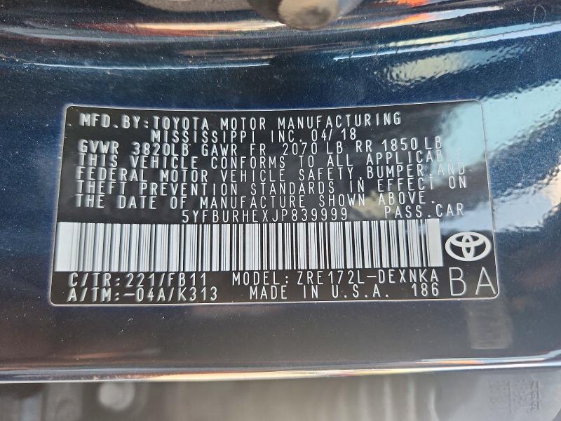 Aukcja sprzedaży 2018 Toyota Corolla, vin: 5YFBURHEXJP839999, numer aukcji: 52758626