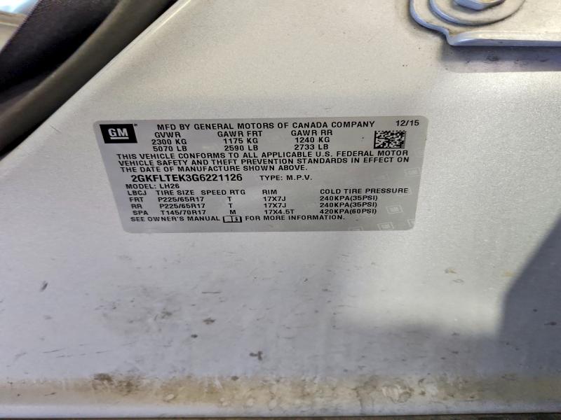 Продаж на аукціоні авто 2016 Gmc Terrain, vin: 2GKFLTEK3G6221126, номер лоту: 54646076