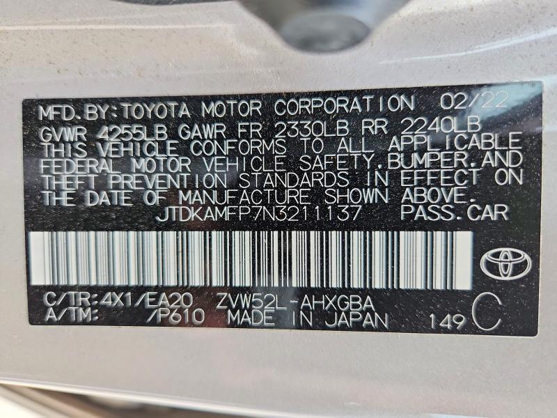 Продажа на аукционе авто 2022 Toyota Prius Prime, vin: JTDKAMFP7N3211137, номер лота: 51903876
